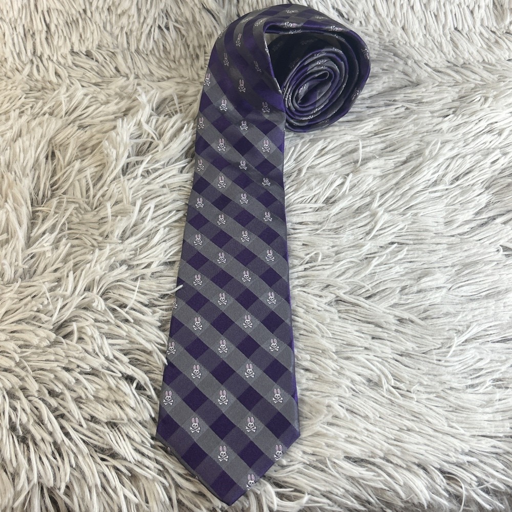 Psycho Bunny Purple Gray Plaid 100% Silk Neck Tie New York London Godley Bones